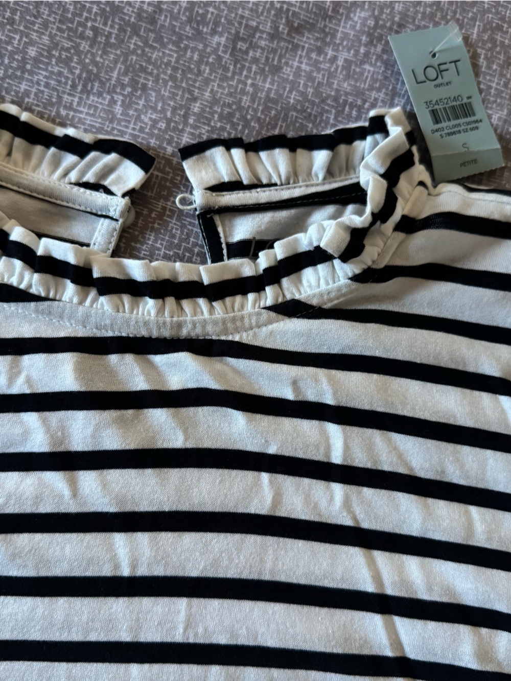 LOFT Black and White Striped Long Sleeve Ruffle Neck Top